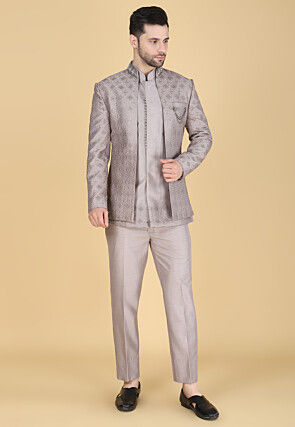 Embroidered Art Silk Sherwani in Fawn