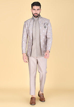 Embroidered Art Silk Sherwani in Fawn
