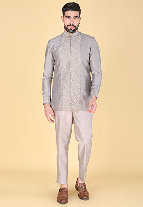 Embroidered Art Silk Sherwani in Fawn