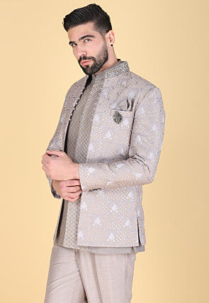 Embroidered Art Silk Sherwani in Fawn
