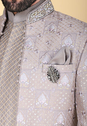 Embroidered Art Silk Sherwani in Fawn