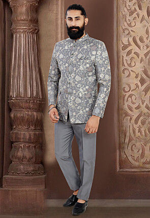 Embroidered Art Silk Jodhpuri Suit in Grey