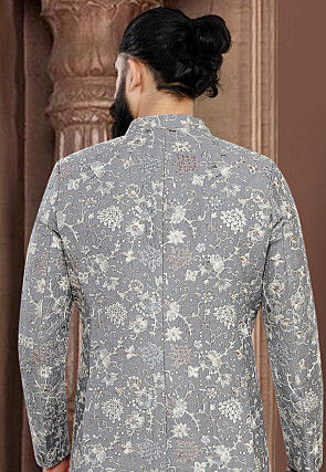 Embroidered Art Silk Jodhpuri Suit in Grey