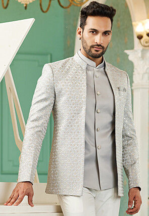 Embroidered Art Silk Jodhpuri Suit in Grey