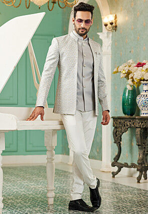 Embroidered Art Silk Jodhpuri Suit in Grey