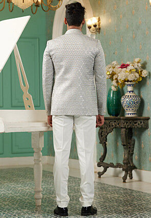 Embroidered Art Silk Jodhpuri Suit in Grey