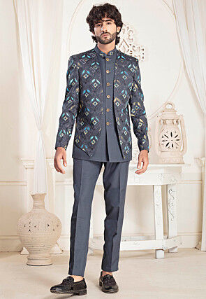 Embroidered Art Silk Jodhpuri Suit in Grey