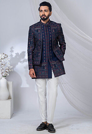 Embroidered Art Silk Jacket Style Jodhpuri Suit in Navy Blue