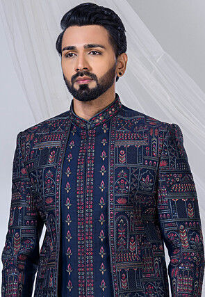 Embroidered Art Silk Jacket Style Jodhpuri Suit in Navy Blue