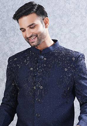 Embroidered Art Silk Jodhpuri Suit in Navy Blue