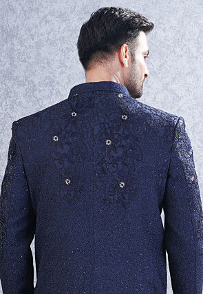 Embroidered Art Silk Jodhpuri Suit in Navy Blue