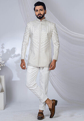 Embroidered Art Silk Jodhpuri Suit in Off White
