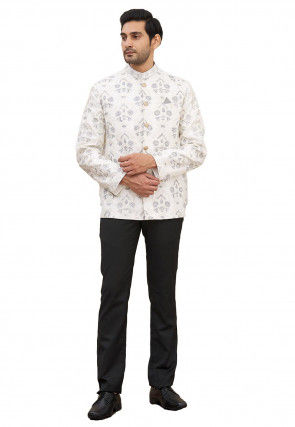 Embroidered Art Silk Jodhpuri Suit in Off White