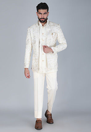 Embroidered Art Silk Sherwani in Off White