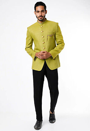 Embroidered Art Silk Jodhpuri Suit in Olive Green