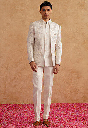 Embroidered Art Silk Jodhpuri Suit in White