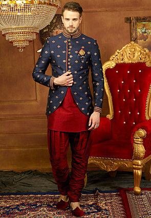 Embroidered Art Silk Jodhpuri Suit with Jacket in Maroon and Navy Blue