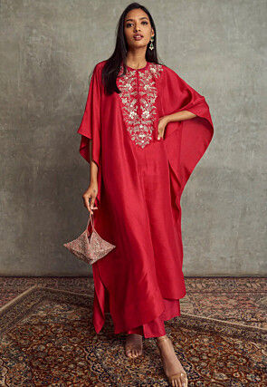 Embroidered Art Silk Kaftan Style Kurta Set in Red