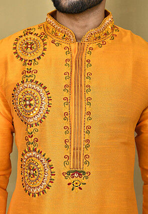 Embroidered Art Silk Kurta Dhoti in Yellow