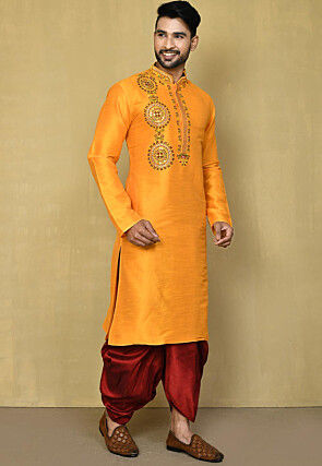Embroidered Art Silk Kurta Dhoti in Yellow