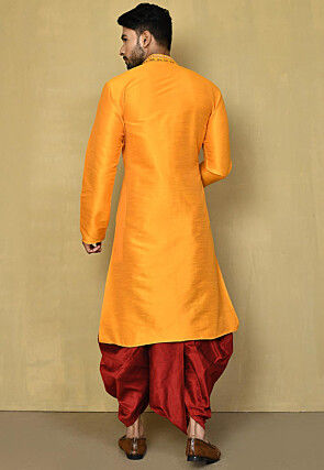 Embroidered Art Silk Kurta Dhoti in Yellow