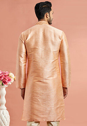 Embroidered Art Silk Kurta in Light Peach