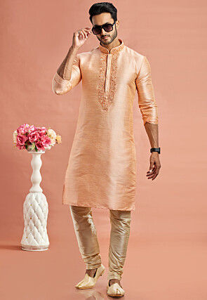 Embroidered Art Silk Kurta in Light Peach