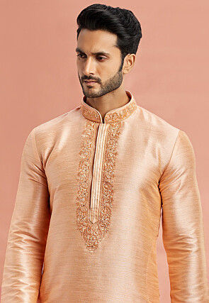 Embroidered Art Silk Kurta in Light Peach