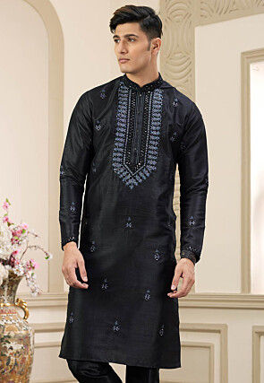 Embroidered Art Silk Kurta in Black