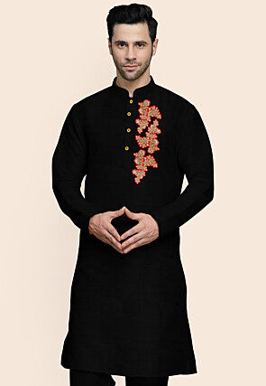 Embroidered Art Silk Kurta in Black