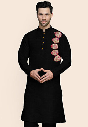 Embroidered Art Silk Kurta in Black