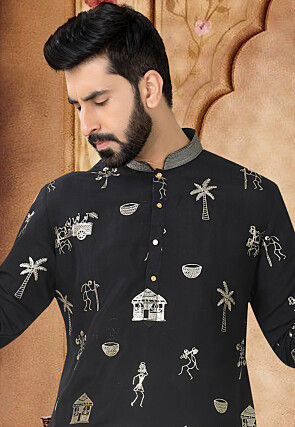 Embroidered Art Silk Kurta in Black