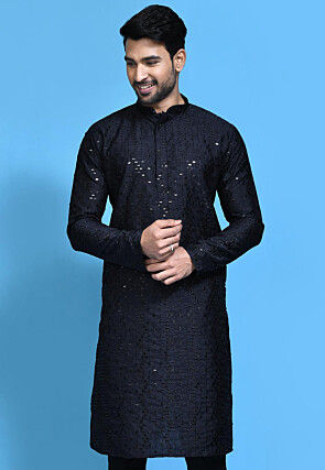Embroidered Art Silk Kurta in Dark Blue