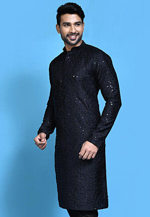 Embroidered Art Silk Kurta in Dark Blue
