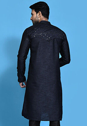 Embroidered Art Silk Kurta in Dark Blue
