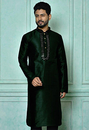 Embroidered Art Silk Kurta in Dark Green