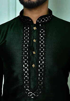 Embroidered Art Silk Kurta in Dark Green
