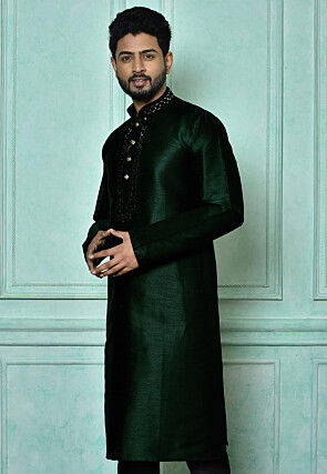 Embroidered Art Silk Kurta in Dark Green