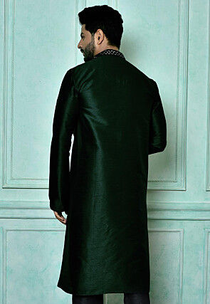 Embroidered Art Silk Kurta in Dark Green