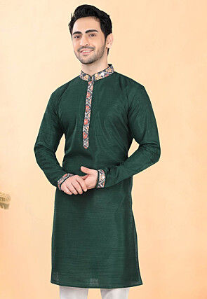 Embroidered Art Silk Kurta in Dark Green
