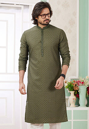 Embroidered Art Silk Kurta in Dark Olive Green