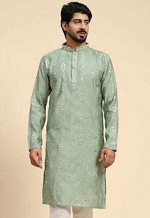 Embroidered Art Silk Kurta in Dusty Green