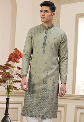 Embroidered Art Silk Kurta in Dusty Green