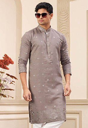Embroidered Art Silk Kurta in Fawn
