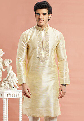 Embroidered Art Silk Kurta in Light Beige