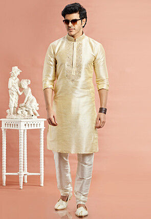 Embroidered Art Silk Kurta in Light Beige