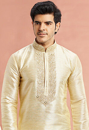 Embroidered Art Silk Kurta in Light Beige