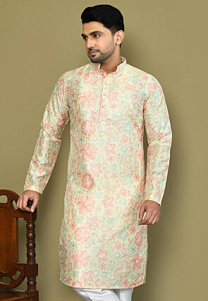Embroidered Art Silk Kurta in Light Beige