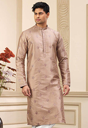 Embroidered Art Silk Kurta in Light Brown
