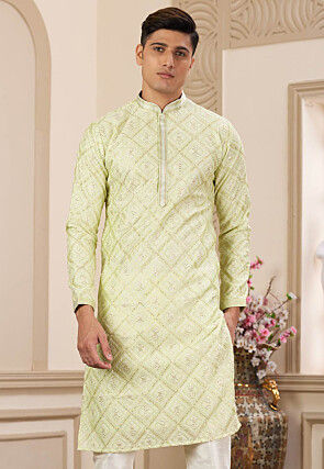 Embroidered Art Silk Kurta in Light Green